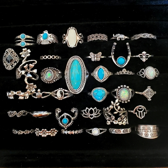 Jewelry - Lot of 35pcs rhinestone turquoise sliver fashion rings